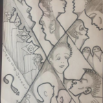 a pencil drawing of faces and spaces